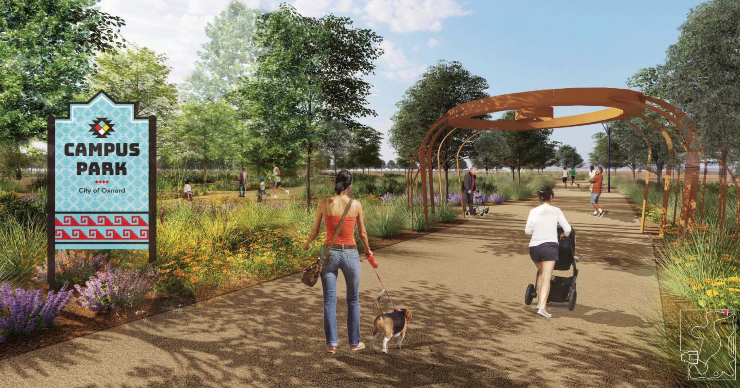 A rendering of the new Campus Park with people walking on a path; one pushing a stroller and one walking a dog.