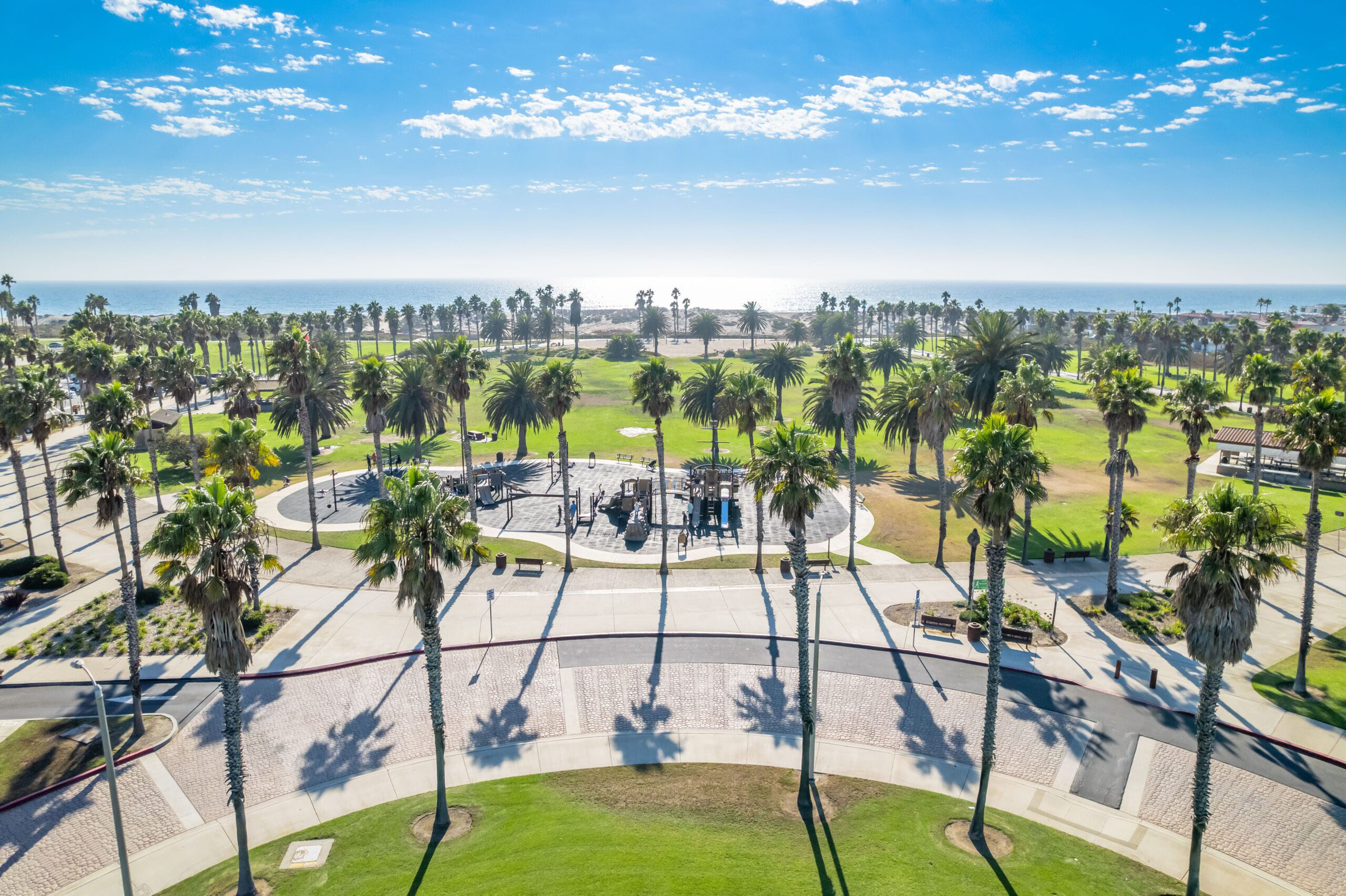 Drone shot of Oxnard Beach Park looking off into the beach and ocean.