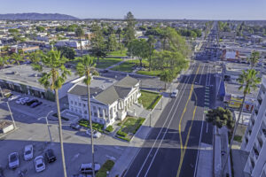 Drone shot of the Carnegie Art Museum and Plaza Park in downtown Oxnard.