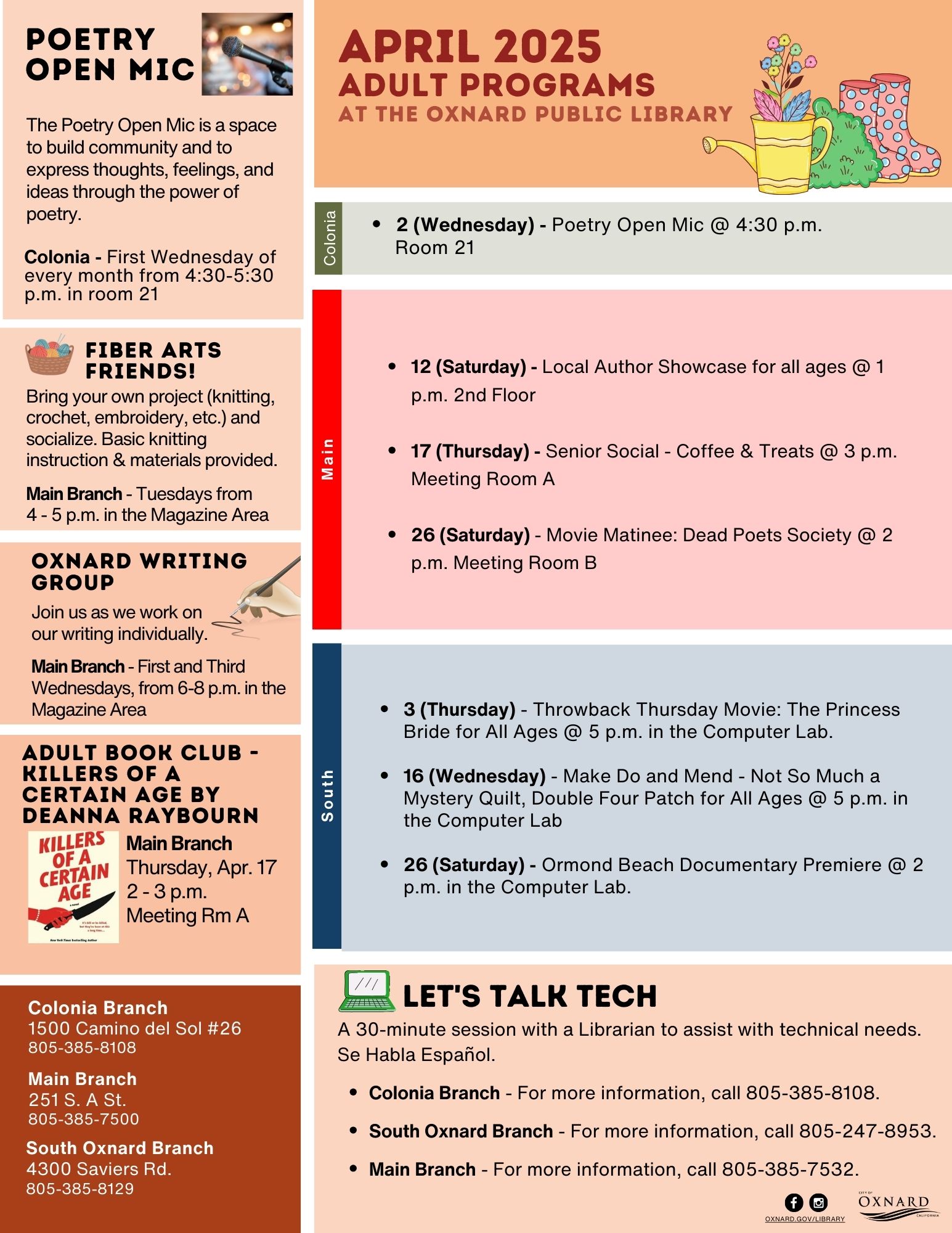 Adult programming flyer for April 2025