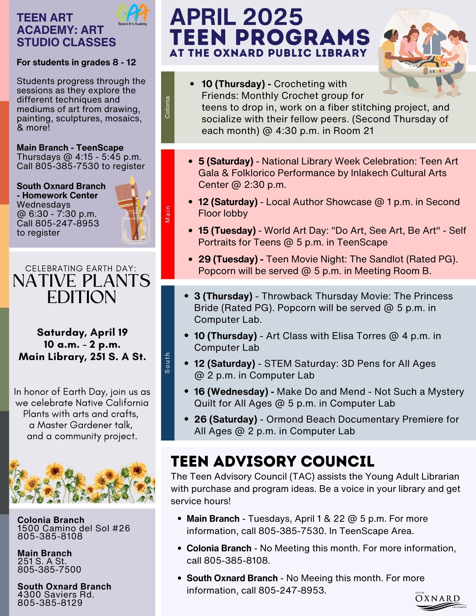 Teen programming flyer for April 2025